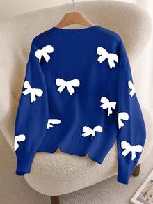 SHEIN Cottnline Plus Size Bow Jacquard Pattern V-Neck Long Sleeve Casual Knit Sweater - Royal Blue - View 2