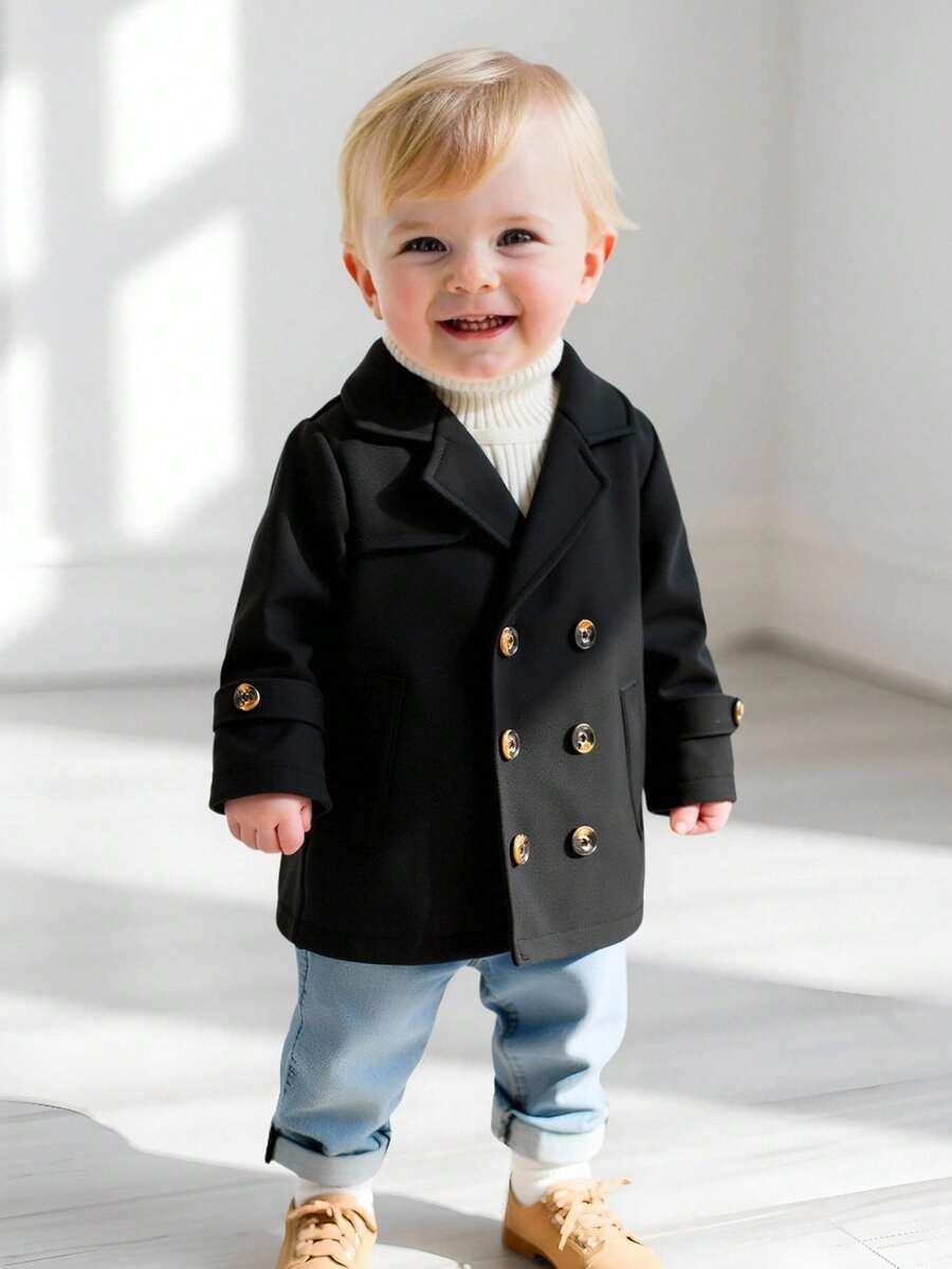 SHEIN Baby Boy Elegant And Fashionable Khaki Medium-Length Trench Coat, Suitable For Spring And Autumn, Suitable For Daily Wear, Outings, Vacations, And Parties Fall Winter