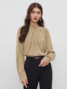 BizChic Áo sơ mi nữ màu kaki cổ xếp ly, kiểu dáng hiện đại, thanh lịch, phù hợp cho công sở, đi làm hàng ngày, lãng mạn, mang hơi hướng thập niên 90, thích hợp cho Giáng sinh, Năm mới, Ngày Valentine, tiệc tùng, đi biển, lễ tốt nghiệp, thời trang, lễ hội, kỳ nghỉ, dễ phối đồ, phù hợp cho khách dự đám cưới, chủ nhà, đi chơi, hẹn hò, tiệc tùng, tụ họp, hòa nhạc, biểu diễn sân khấu, bữa trưa muộn, tiệc trà, sân bay, phong cách nghỉ dưỡng đa năng. - Màu Khaki - Xem 7