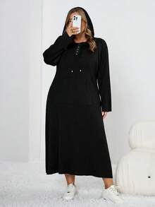SHEIN CURVE+ Black Hooded Long Sleeve Button Collar Fitted Sweatshirt Dress, Casual All-Match Pocketed Sweatshirt Dress For Autumn/Winter - Black - View 8