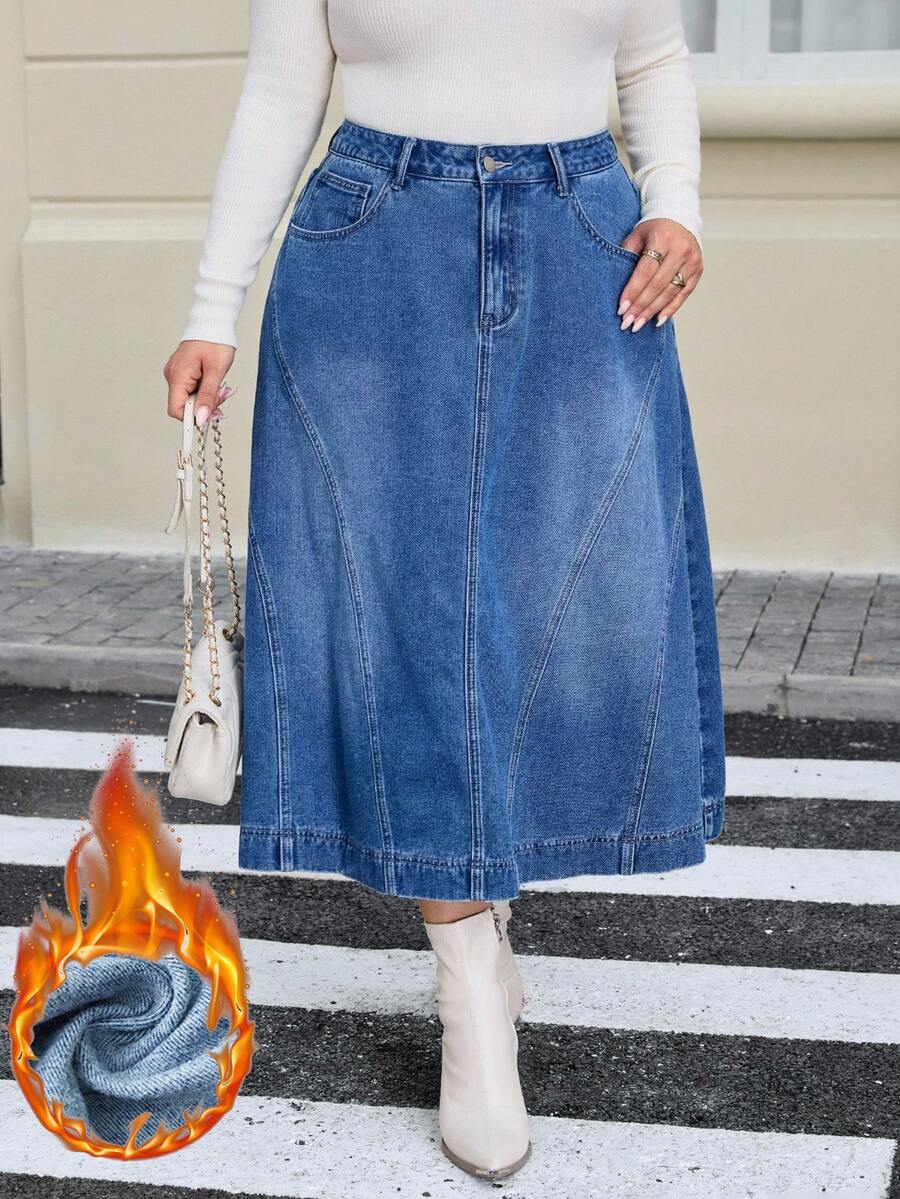EMERY ROSE Rok Mini Denim Korduroi Cuci Vintage untuk Wanita Ukuran Plus, Musim Gugur/Dingin - Dark Wash - View 1