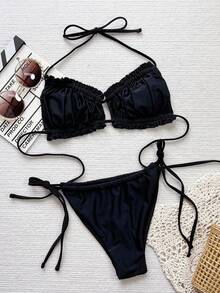 Bonvoyette Summer Beach Ruched Frill Tie Side Bikini - Black - View 3