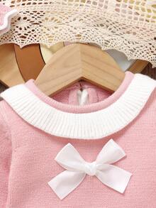 SHEIN 3pcs Baby Girls' Sweet Peter Pan Collar Sweater Set - Blouse With Bow Decor + Leggings + Hat, Newborn Outfit Cozy Baby Girl Outfit Set Baby Girl Knitted Outfit Baby Girl Sweater Set Pink Bow Baby Outfit Baby Girl Winter Clothes Set Fall Cozy Pixies Baby Girl Set Baby Set Autumn Winter Season