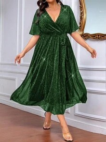 SHEIN Clasi Đầm dài dự tiệc tay chuông bất đối xứng họa tiết ren xẻ sâu Celure cỡ lớn dành cho nữ - màu xanh lá - Xem 4