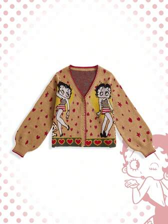 Betty Boop | ROMWE Cárdigan con estampado de figura de dibujos animados, corazón y estrella para mujer, estilo Y2K