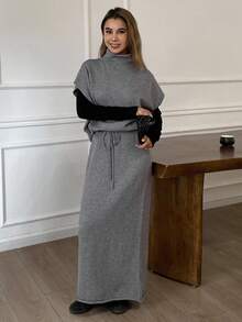 Livesso Women's Solid Color Casual Loose High Neck Sleeveless Knit Vest And Straight Skirt 2-Piece Set, Autumn/Winter - Grey - View 6