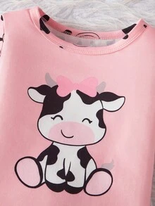 Young Girls 2pcs Tight Fit Pajama Set With Cute Cow Print On Short Sleeve Top And Shorts
