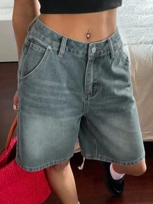 DAZY 女士猫须破洞直筒牛仔短裤 街头潮流 - 中等水洗藍 - 查看 4