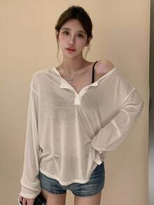 DAZY 女士2021春夏純色釦領寬鬆長袖休閒T卹 - 杏色 - 查看 4