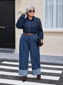 EMERY ROSE Jeans casuales de talla grande para mujer con pierna ancha y bolsillos