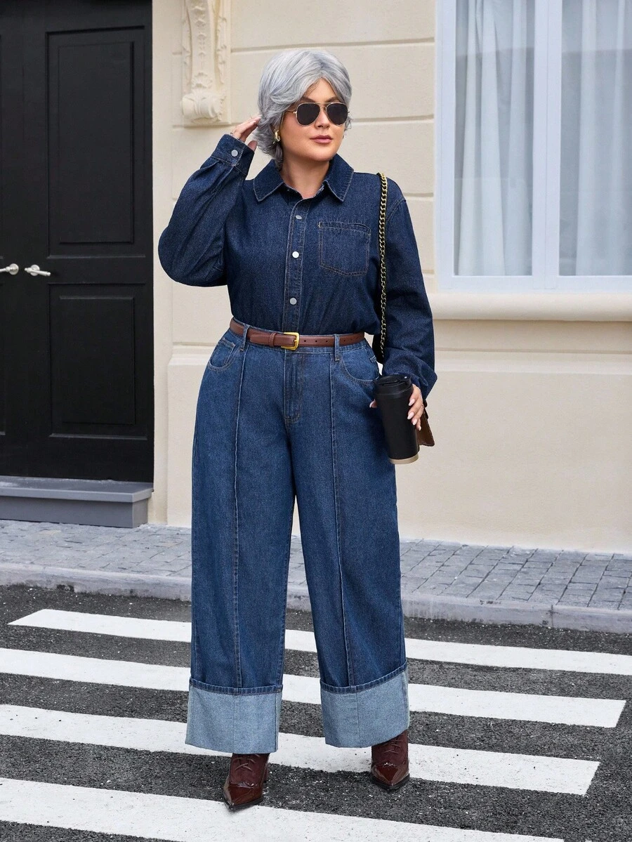 EMERY ROSE Jeans casuales de talla grande para mujer con pierna ancha y bolsillos