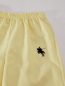 SHEIN 3 件套女童休闲套装：条纹翻领长袖宽松开衫、刺绣马前吊带背心和松紧腰阔腿裤，秋季 - 黃色 - 查看 5