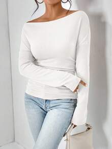 SHEIN Frenchy 女士纯色斜肩长袖褶饰修身休闲T恤 - 白色 - 查看 4