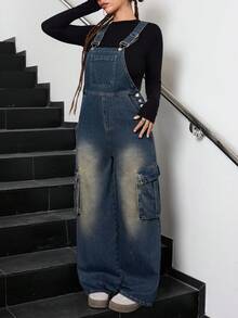 SHEIN 少女复古蓝色牛仔宽松背带裤 - 深色水洗藍 - 查看 6