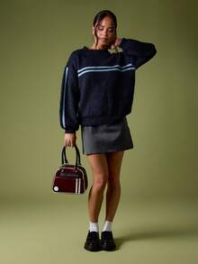 MISSGUIDED Long Sleeve Crew Neck Striped Knit Sweater With Contrast Trim Details For Fall Winter - Navy Blue - View 4