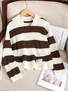 SHEIN Tween Girl Casual Ribbed Turtleneck Sweater, Collegiate Style, Autumn/Winter Fall - Brown - View 1