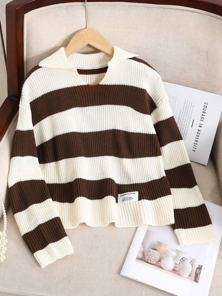 SHEIN Tween Girl Casual Ribbed Turtleneck Sweater, Collegiate Style, Autumn/Winter Fall - Brown - View 1