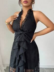 Elenzga Vestido de fiesta elegante, romántico y sexy de encaje para mujer de talla grande, con escote en V, cintura ceñida, fluido, vestido largo de gasa, adecuado para primavera, otoño e invierno - Negro - Ver 9