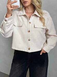 Auralis 大码秋季女装纯色简约休闲长袖夹克秋季，杏色夹克，机场服装，纽扣夹克，女士休闲装，女士冬季夹克，女士秋冬服装 - 米色 - 查看 5