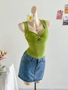 Soleia Women's Solid Color Sweetheart Collar Twist Textured Fabric Fitted Tank Top - Green - View 6