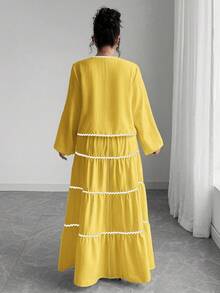 SHEIN Tall Plus Size Women 2 Pieces Set: Textured Long Sleeve Tie-Front Cardigan With Colorblock Ruffled Long Flared Midi Skirt, Elegant French Romantic Style Fall Cloth For Women - Yellow - View 2