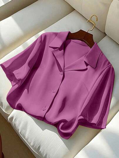 Franclia 大码女式纯色翻领短袖纽扣休闲宽松通勤优雅衬衫