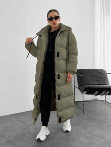EURMUSE Contrast Hook And Loop Detailed Premium Quality Maxi Lenght Puffer Wintercoat - Mocha Brown - View 4