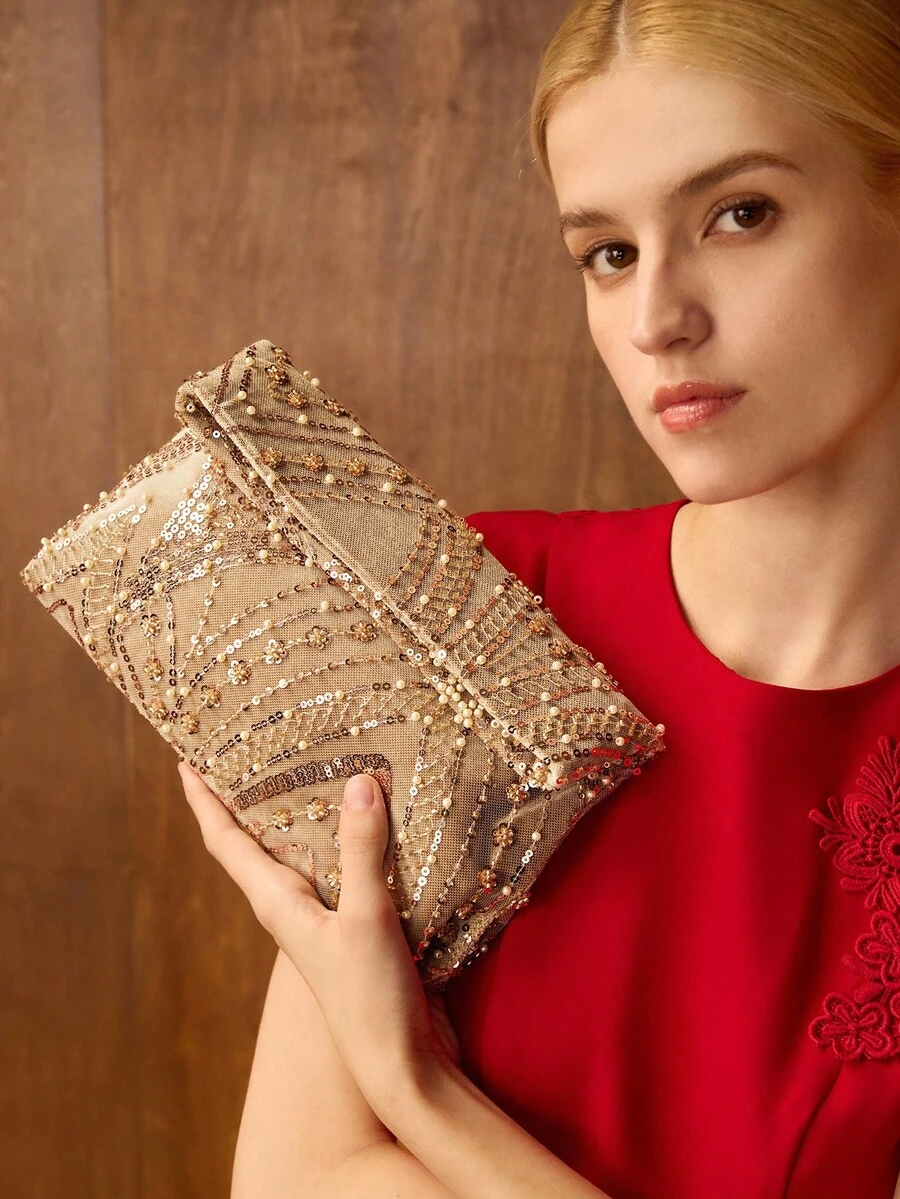 MOTF PREMIUM WOMEN'S FASHION SQUARE FAUX FEATHER CLUTCH BAG, VALENTINES, PERFECTLY MATCHING WITH PROM DRESSES, PROM ACCESSORIES,SEQUIN DRESS SPARKLY DRESS , SEQUIN - Champagne - View 1