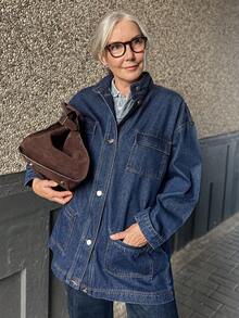 Vivie Lora Women's Loose Fit Long Sleeve Single-Breasted Multi-Pocket Casual Mid-Length Denim Jacket - Grey - View 1