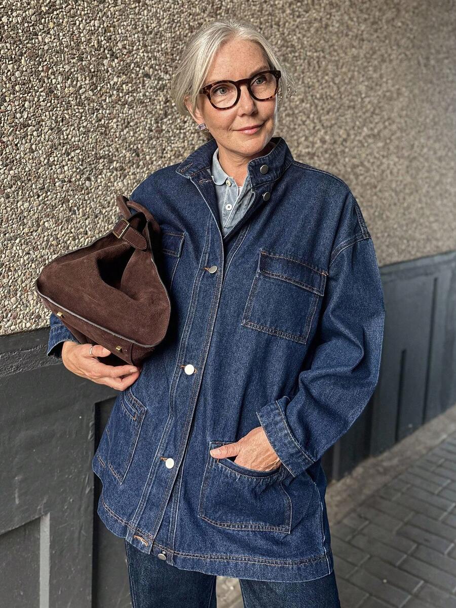 Vivie Lora Women's Loose Fit Long Sleeve Single-Breasted Multi-Pocket Casual Mid-Length Denim Jacket - Grey - View 1