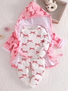 3pcs Girls Butterfly Pattern Long Sleeve Top, Pants And Hooded Robe Pajama Set Bow Pjs Bow Pajama Set Fall Winter - Pink - View 4
