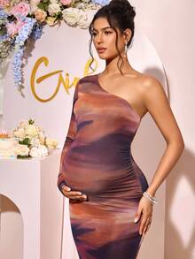 Loomaby Maternity Dresses,Gender Reveal Dress,Maternity Dress,Baby Shower Dress One Shoulder Maternity Dress Pregnancy Photoshoot Dress Maternity Dress Baby Shower - Brown - View 6