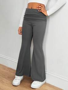 SHEIN Tween Girls' Basic Casual Knit High Waist Ruched Slim Flare Pants, Back To School - Grey - View 6