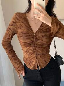 Feyla Women's Casual Urban Flocked Long Sleeve Single-Breasted Pleated Shirt Brown Ruched Top Brown Blouse Coffee Brown Top Brown Long Sleeve Top Dark Brown Top Autumn Women Long Sleeve Top Women's Winter Clothes - Coffee Brown - View 4
