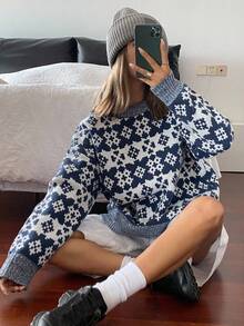 DAZY 女式宽松撞色提花针织休闲街头风格毛衣，秋冬 - 藏蓝色 - 查看 1