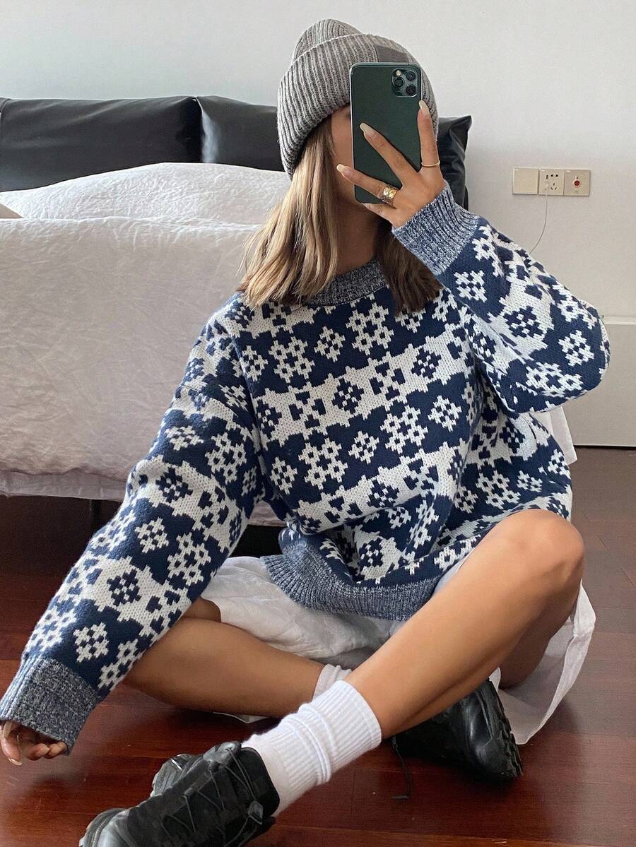 DAZY 女式宽松撞色提花针织休闲街头风格毛衣,秋冬 - 藏蓝色 - 查看 1