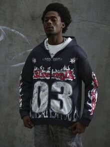 Manfinity Roghcode Sudadera con capucha casual para hombre con estampado numérico y cremallera, abrigo gráfico de vacaciones con manga larga de rapero para uso en otoño, para regalos a amigos, esposo o novio - Negro - Ver 4