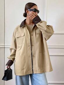 Livesso Damen Lässige Patchwork Kragen Knopfverschluss Mehrtasche Loose Jacke, Herbst Damen Mäntel