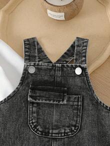 SHEIN Vintaside Kids Baby Boy Casual Denim Bib Pants And Solid Color Round Neck Long Sleeve T-Shirt Set