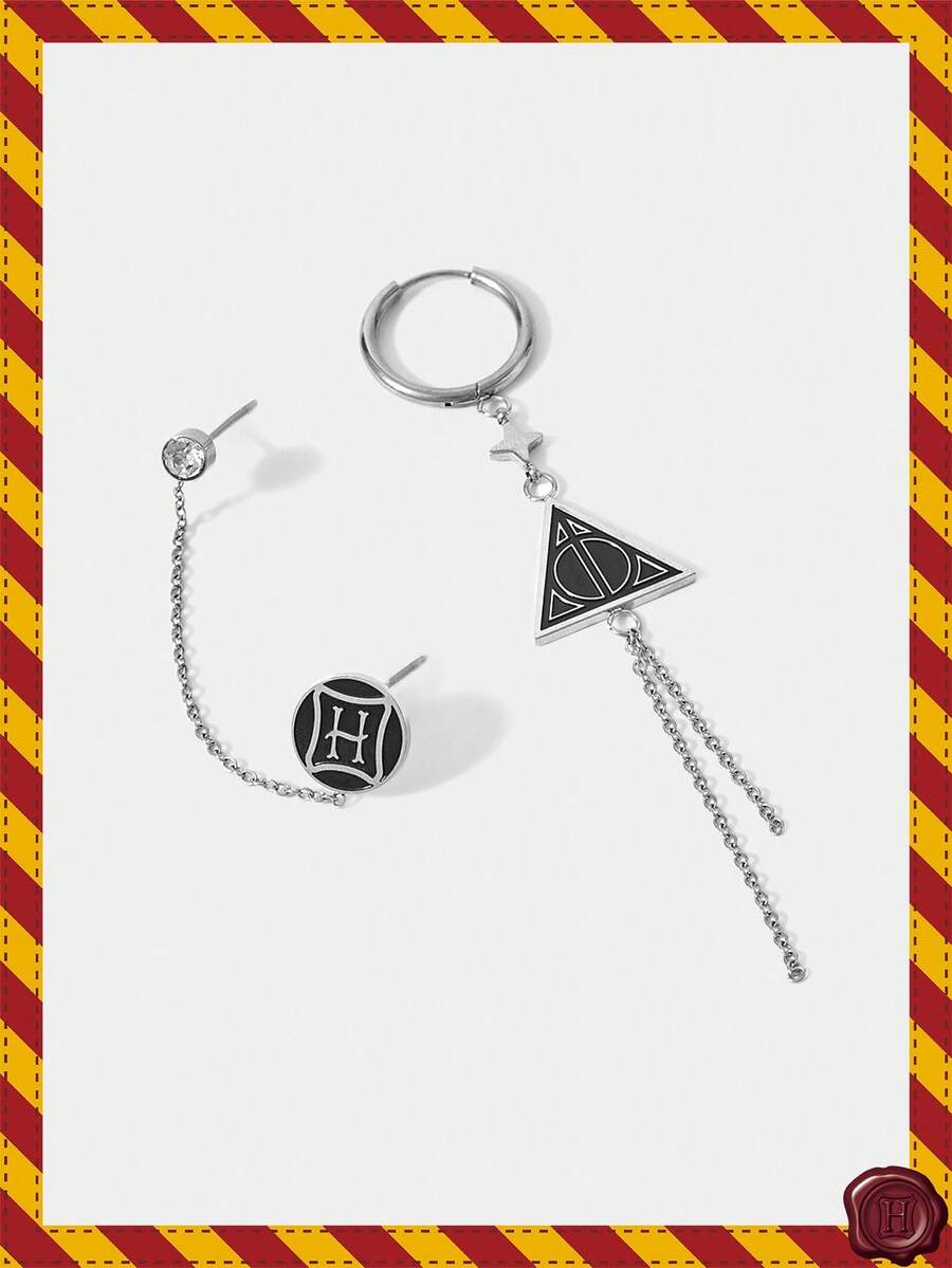 HARRY POTTER X SHEIN 一对死亡圣器流苏耳环 - 銀色 - 查看 1