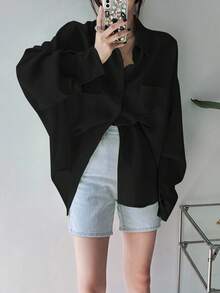 DAZY Women's Solid Color Regular Turn-Down Collar Oversized Shirt,Long Sleeve Tops,Fall Clothes - Black - View 3