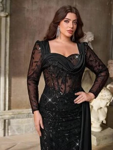 Aureia Vestido elegante y lujoso de talla grande con mangas largas transparentes, bordado, encaje con lentejuelas, satén con empalme, abertura sexy de cola de pez con volante lateral, adecuado para bodas, fiestas de solteros, vacaciones, bailes, ocasiones formales (resistente)