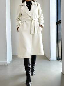 EURMUSE Women's Simple Solid Color Long Woolen Overcoat - White - View 5