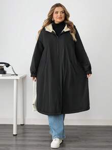 SHEIN CURVE+ Women's Plus Size Casual Loose Hooded Fleece Jacket, Autumn/Winter - Black - View 7