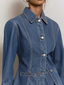 MUSERA Áo khoác denim dài tay ôm dáng, cổ bẻ, thích hợp cho kỳ nghỉ hè, du lịch, phong cách thường ngày, dễ thương, thanh lịch, cá tính, dành cho phái nữ, trang phục công sở mùa thu đông, mùa xuân. - Rửa trung bình - Xem 2