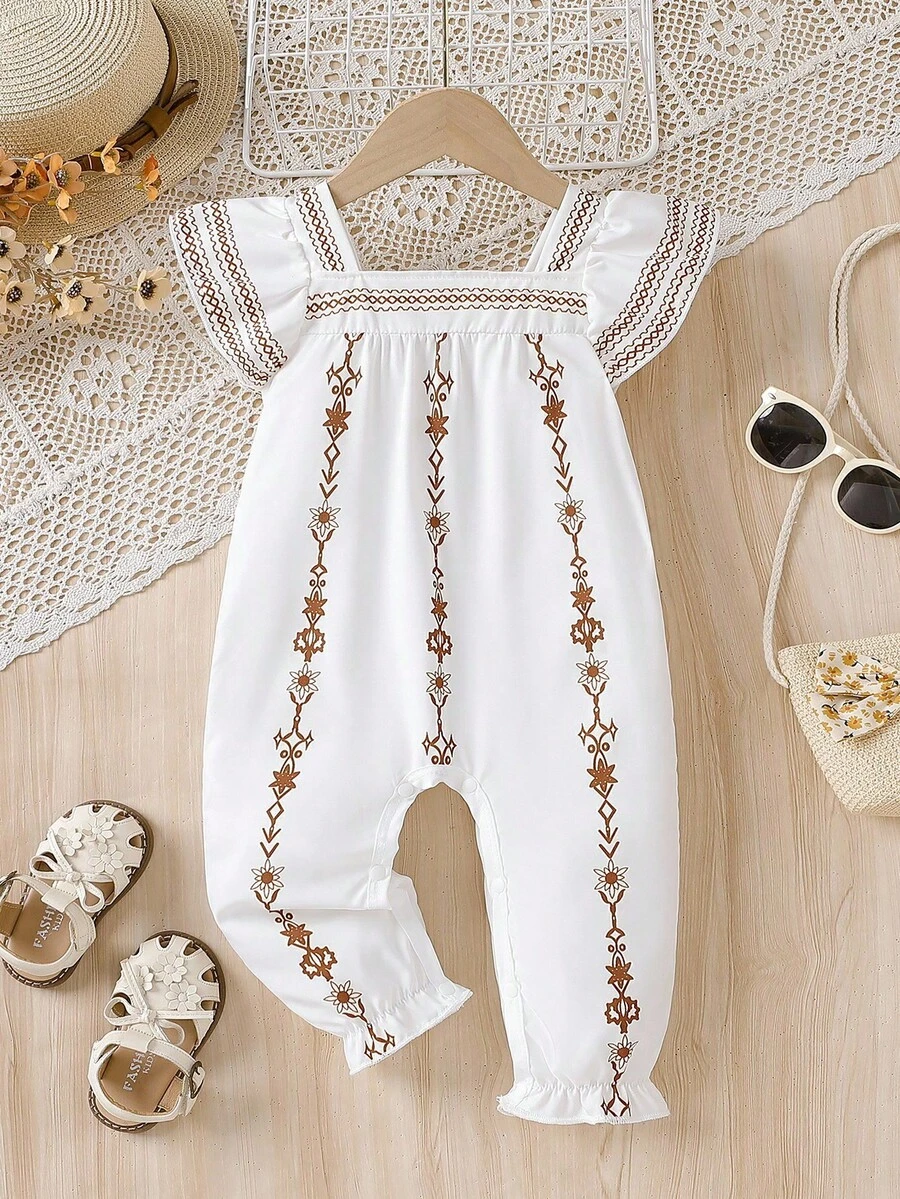 SHEIN 女婴优雅几何印花连体衣，春夏款 - 棕色 - 查看 1