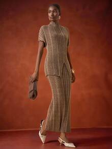 Zivah The 2025 New Autumn, Autumn And Winter Casual, Simple, Street, Daily, Date, Birthday, Party, Travel Season, Warm, Elegant, Commuting, Office Worker, Internet Celebrity Besthit High Neck, Neckline, Shoulder Drop, Sleeve Cover, Asymmetrical Hem, Long Sweater, Pullover, Skirt, Straight Skirt, Long Skirt, Flower Brown Asymmetrical Striped Sweater Set, Women's Sweater Two Pieces Set -A