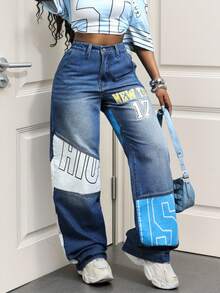 BamGleam Women's Printed Distressed Patchwork Wide Leg Jeans - Medium Wash - View 6