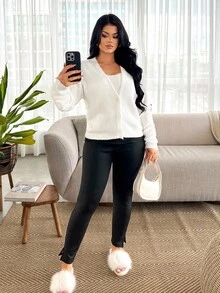 SHEIN SXY Set de 2 piezas de Cárdigan y Camiseta de Punto Suave, Otoño/Invierno - Blanco - Ver 4