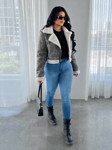 SHEIN SXY Women's Autumn/Winter Faux Thermal Lined Casual Jacket, European And American Design, Fashion Lapel Motorcycle Jacket